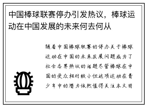 中国棒球联赛停办引发热议，棒球运动在中国发展的未来何去何从