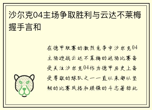 沙尔克04主场争取胜利与云达不莱梅握手言和