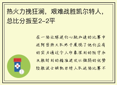热火力挽狂澜，艰难战胜凯尔特人，总比分扳至2-2平